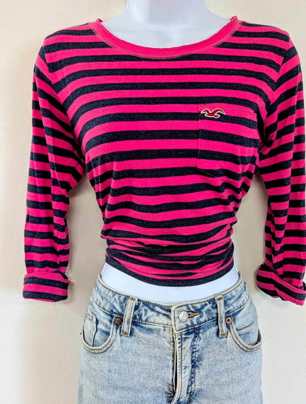 Vintage Hollister Early Y2K Pink & Black Striped 3/4 Sleeve Top